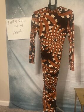 FARM Rio Brown & Cream Geometric Ruched Long Sleeve Maxi Dress